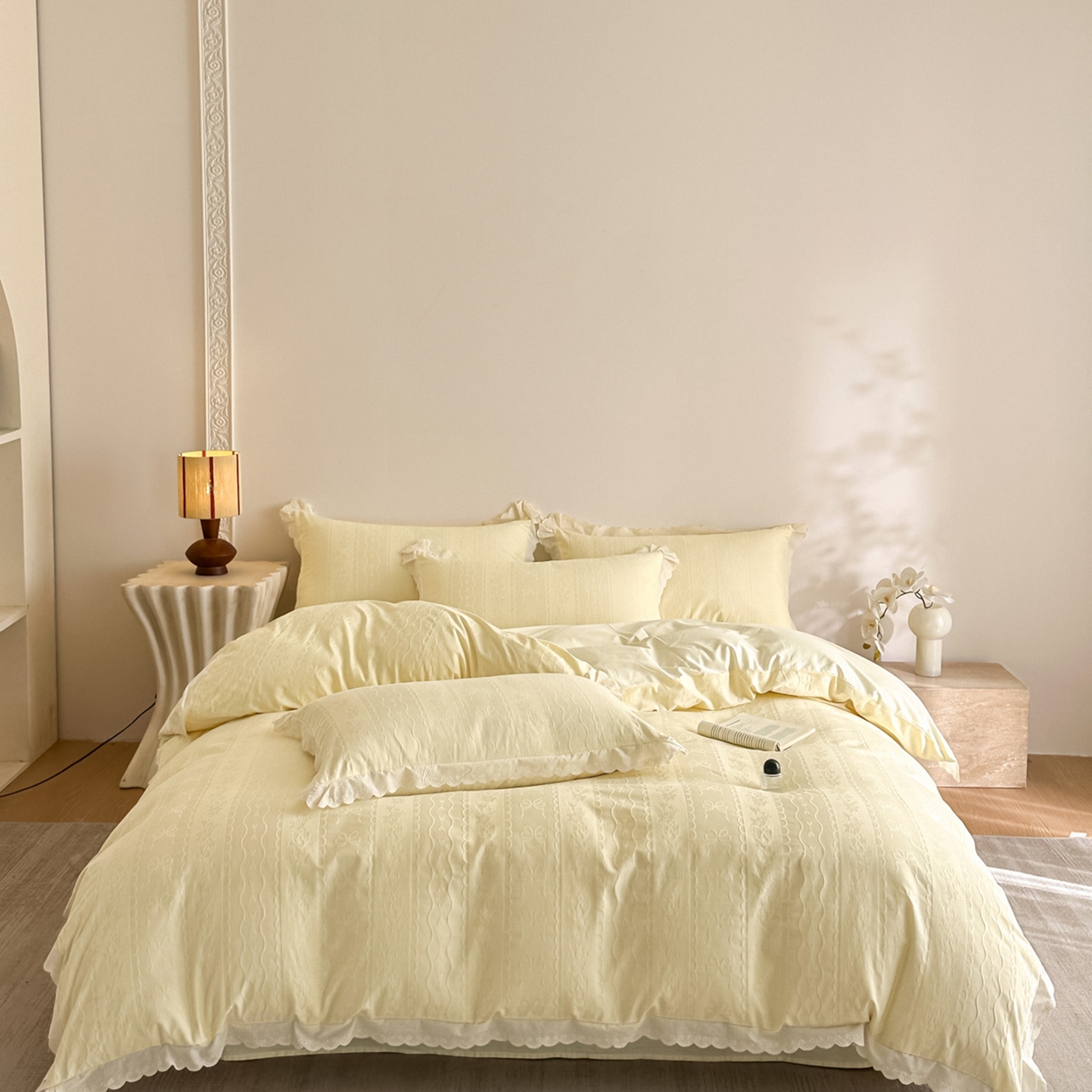 91家纺网 家纺一手货源 找家纺 禾时 2026新款长绒棉立体提花花边款四件套-星糖物语 星糖物语-浅黄