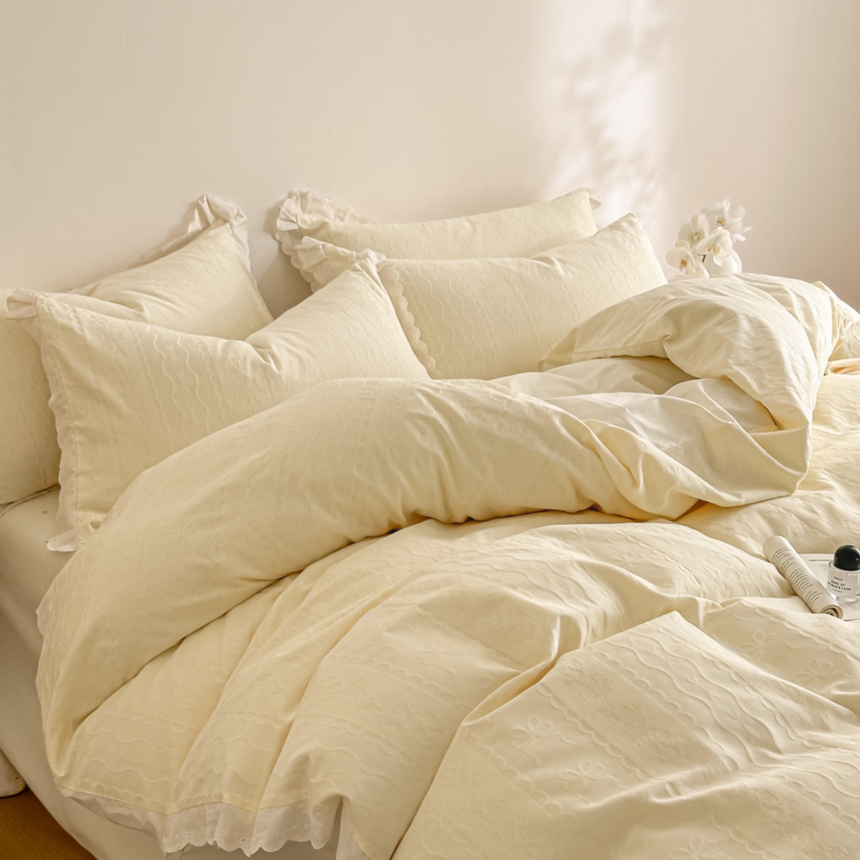 91家纺网 家纺一手货源 找家纺 禾时 2026新款长绒棉立体提花花边款四件套-星糖物语 星糖物语-浅黄