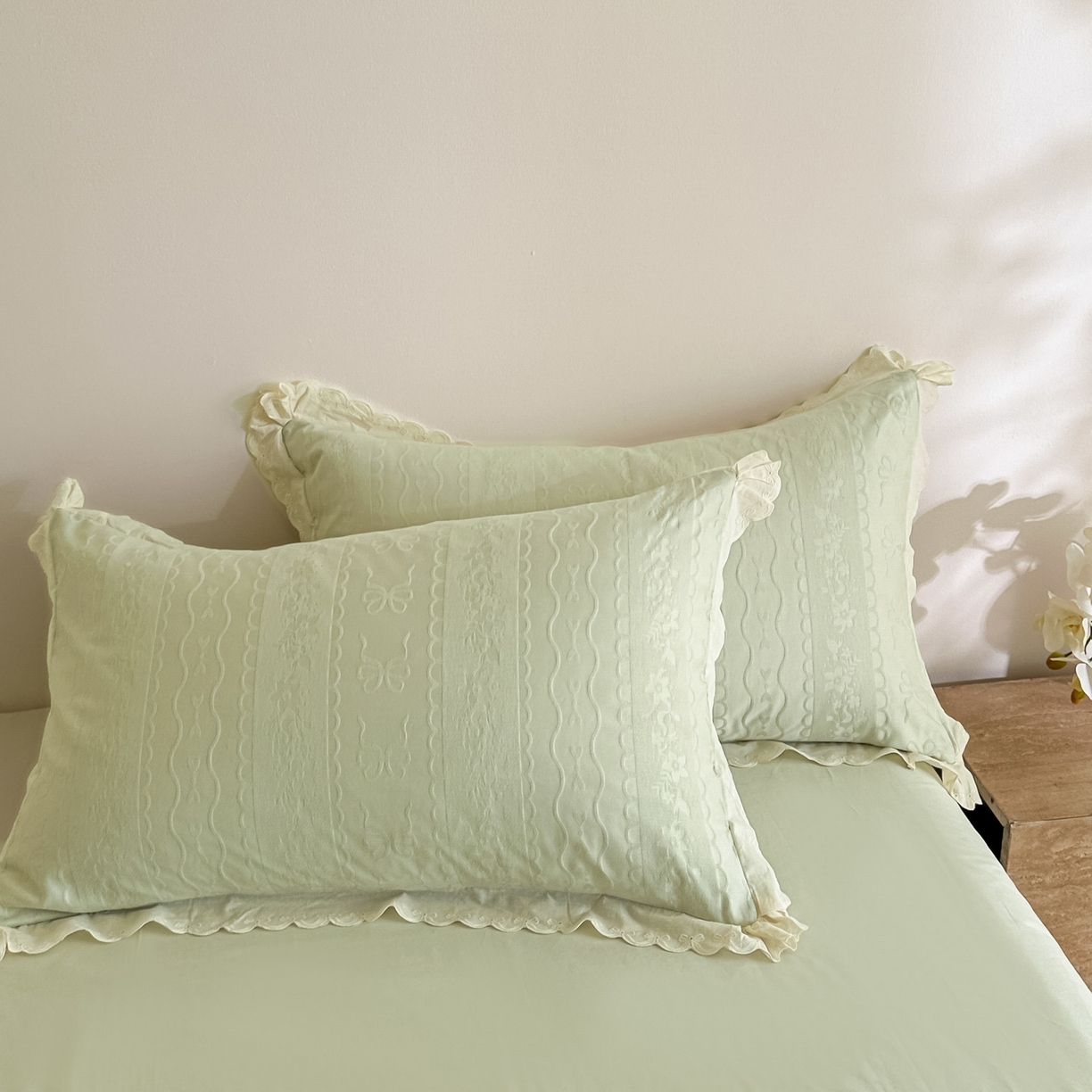 91家纺网 家纺一手货源 找家纺 禾时 2026新款长绒棉立体提花花边款四件套-星糖物语 星糖物语-浅绿