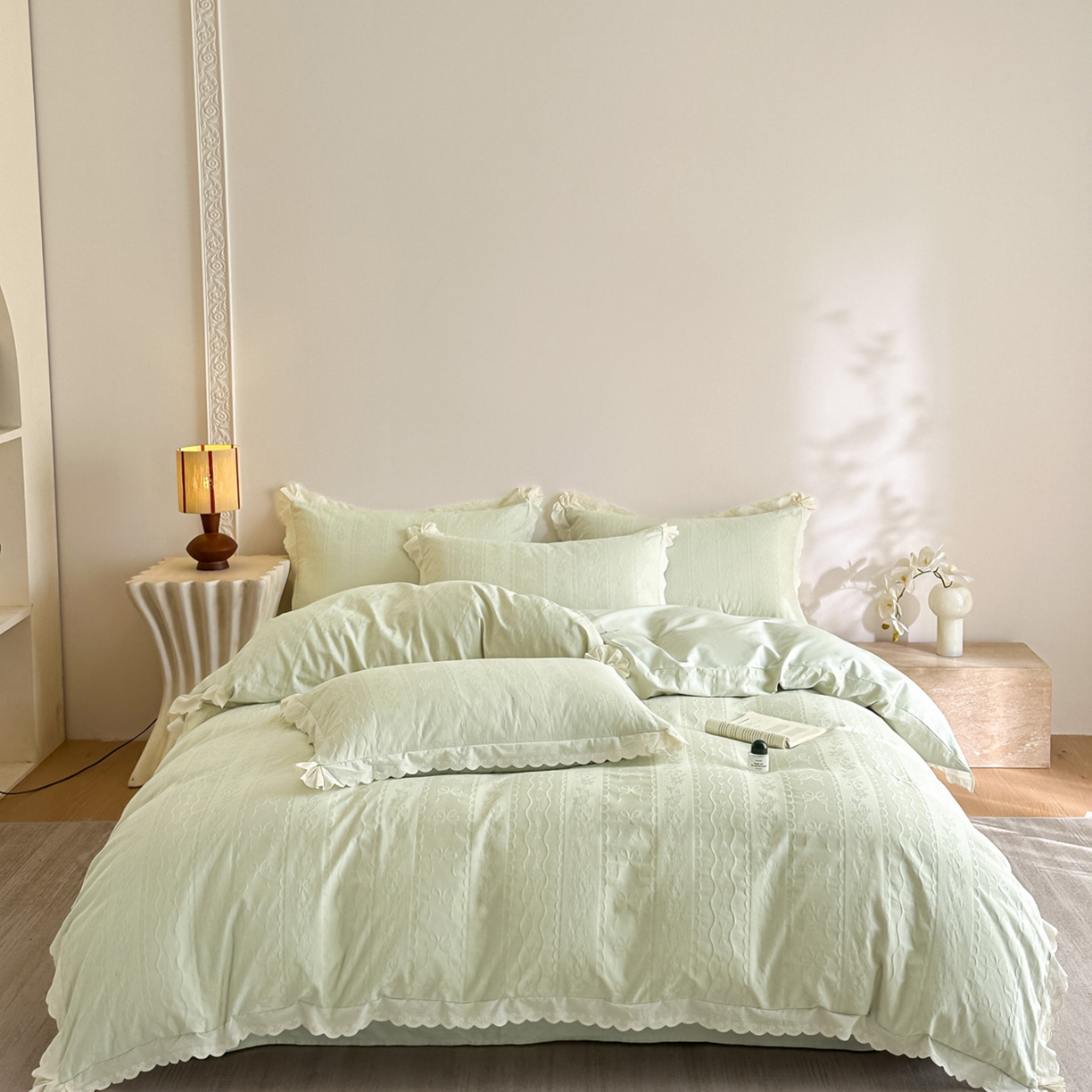 91家纺网 家纺一手货源 找家纺 禾时 2026新款长绒棉立体提花花边款四件套-星糖物语 星糖物语-浅绿