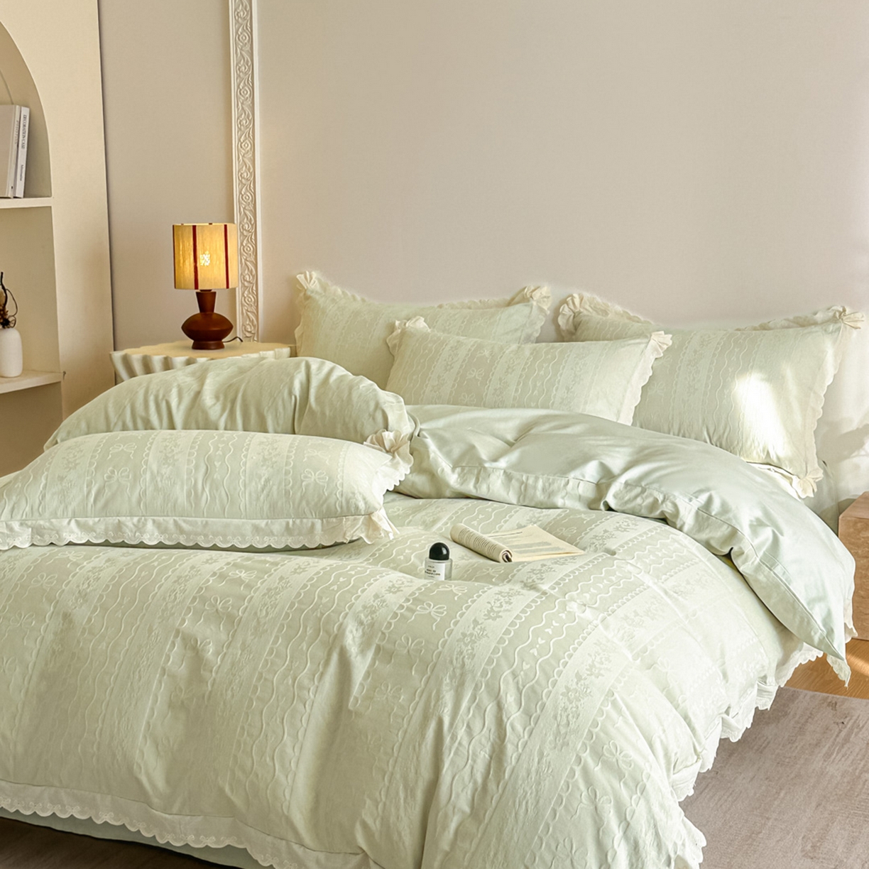 91家纺网 家纺一手货源 找家纺 禾时 2026新款长绒棉立体提花花边款四件套-星糖物语 星糖物语-浅绿