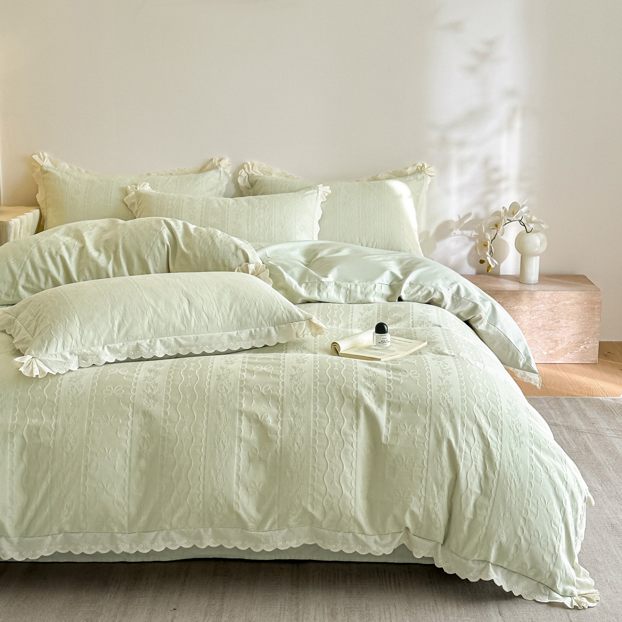 91家纺网 家纺一手货源 找家纺 禾时 2026新款长绒棉立体提花花边款四件套-星糖物语 星糖物语-浅绿