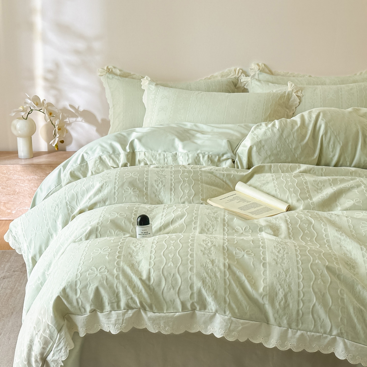 91家纺网 家纺一手货源 找家纺 禾时 2026新款长绒棉立体提花花边款四件套-星糖物语 星糖物语-浅绿