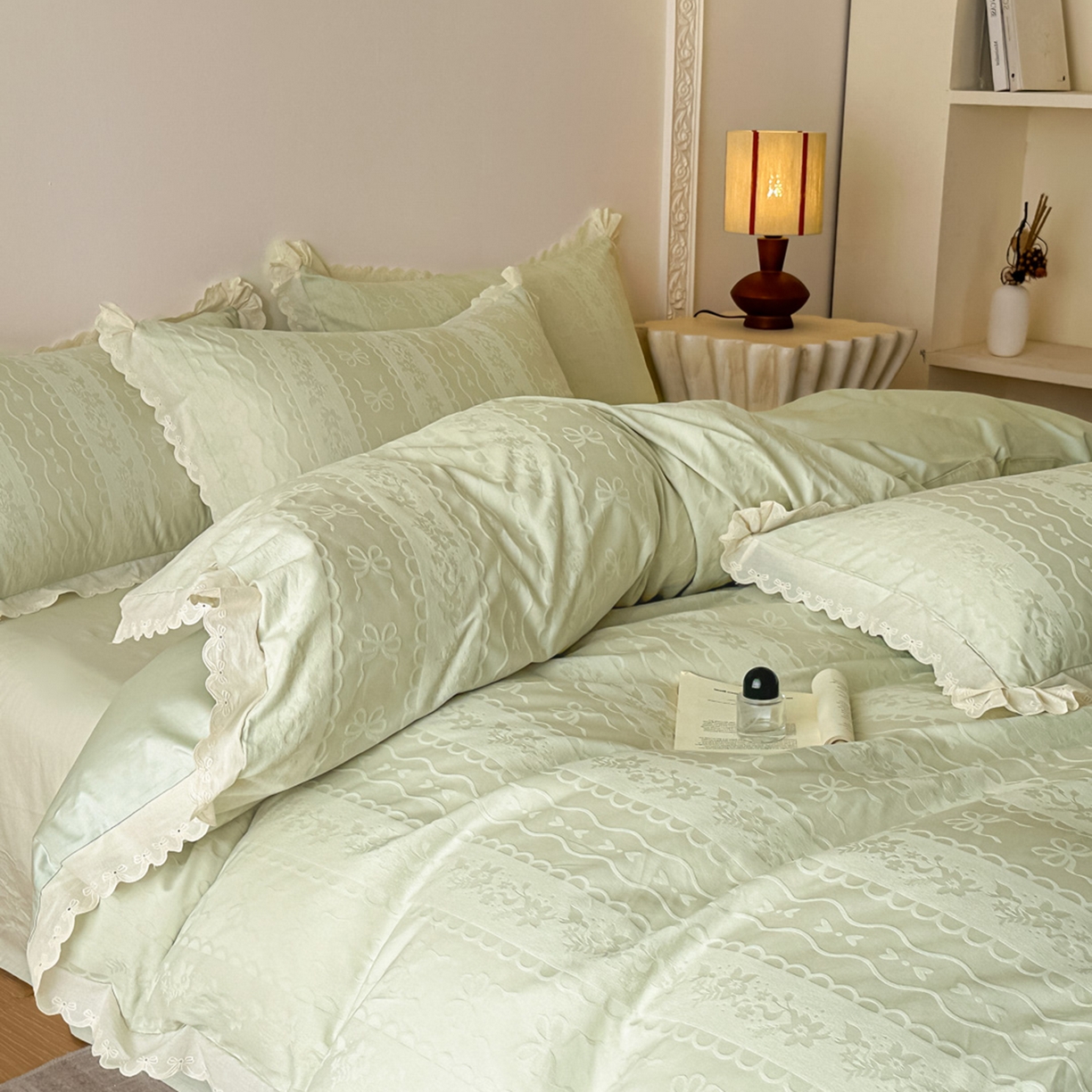 91家纺网 家纺一手货源 找家纺 禾时 2026新款长绒棉立体提花花边款四件套-星糖物语 星糖物语-浅绿