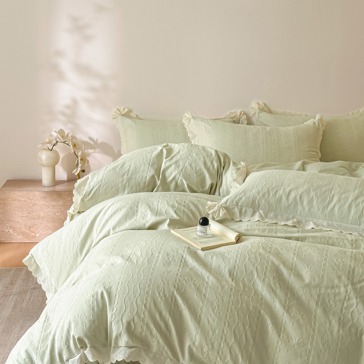 91家纺网 家纺一手货源 找家纺 禾时 2026新款长绒棉立体提花花边款四件套-星糖物语 星糖物语-浅绿