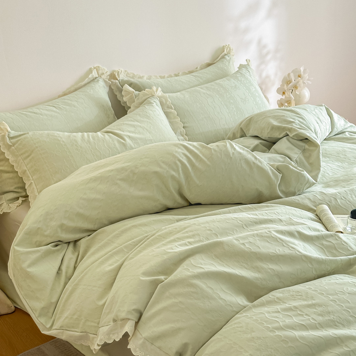 91家纺网 家纺一手货源 找家纺 禾时 2026新款长绒棉立体提花花边款四件套-星糖物语 星糖物语-浅绿