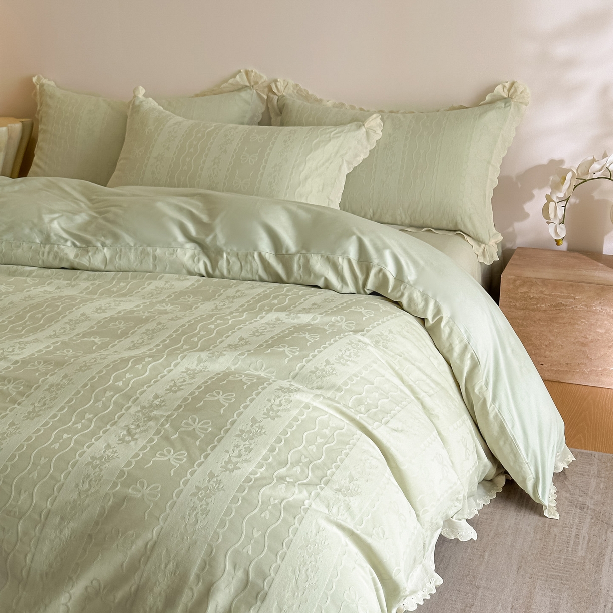 91家纺网 家纺一手货源 找家纺 禾时 2026新款长绒棉立体提花花边款四件套-星糖物语 星糖物语-浅绿