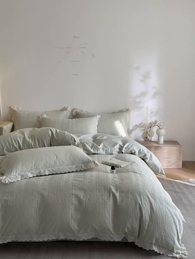 91家纺网 家纺一手货源 找家纺 禾时 2026新款长绒棉立体提花花边款四件套-星糖物语 星糖物语-浅绿