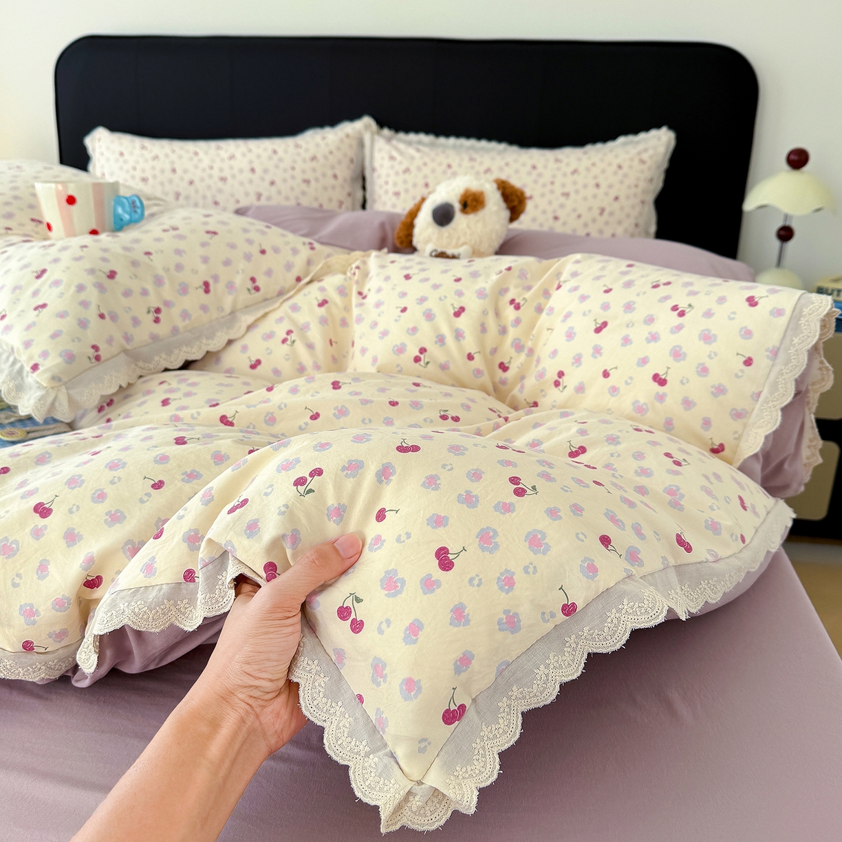 竹合 2026新款田园韩版花边款小碎花古法水洗仿棉A类云感棉四件套 浪漫樱桃