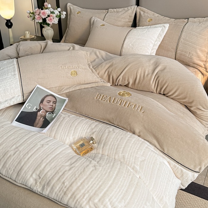 91家纺网 家纺一手货源 找家纺 金窝窝家纺 2025新款轻奢双拼全消光牛奶绒四件套-安娜 安娜-奶油咖