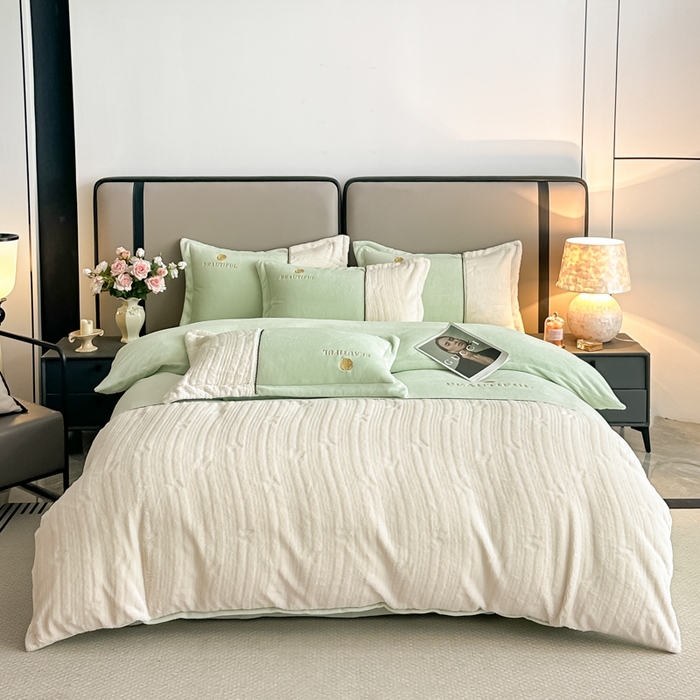 金窝窝家纺 2025新款轻奢双拼全消光牛奶绒四件套-安娜 安娜-浅草绿