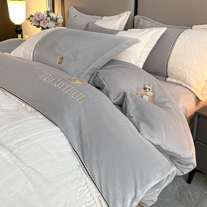 91家纺网 家纺一手货源 找家纺 金窝窝家纺 2025新款轻奢双拼全消光牛奶绒四件套-安娜 安娜-绅士灰