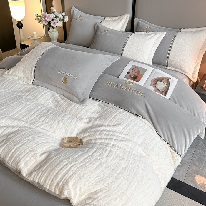 91家纺网 家纺一手货源 找家纺 金窝窝家纺 2025新款轻奢双拼全消光牛奶绒四件套-安娜 安娜-绅士灰