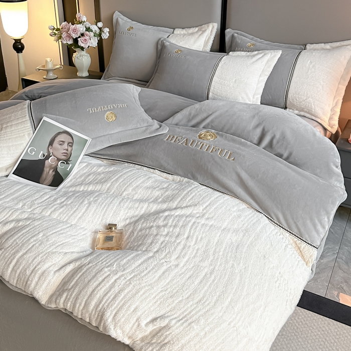 91家纺网 家纺一手货源 找家纺 金窝窝家纺 2025新款轻奢双拼全消光牛奶绒四件套-安娜 安娜-绅士灰