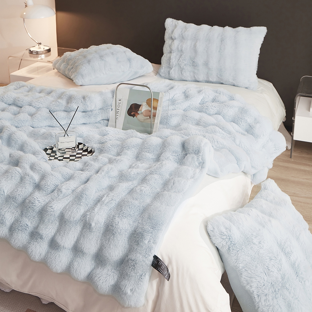 91家纺网 家纺一手货源 找家纺 （总）坦客毯业 2025新款轻奢纯色托斯卡纳兔毛绒大泡泡绒毛毯双面都是兔毛高密高克重可供跨境外贸出口