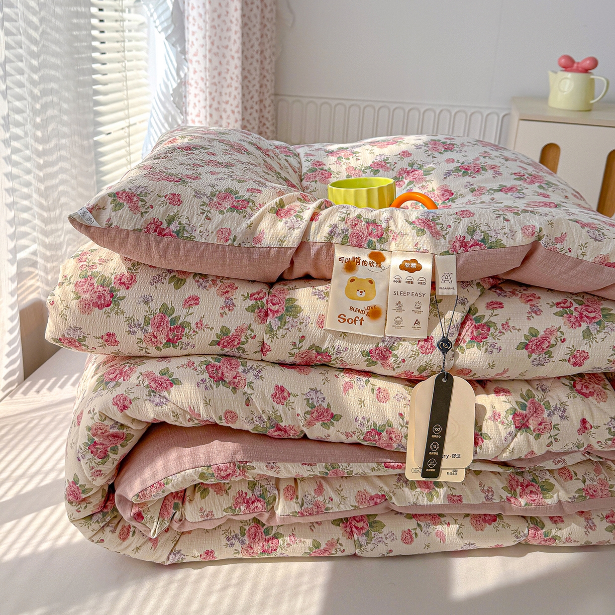 91家纺网 家纺一手货源 找家纺 桔禾家纺 2026新款云感有氧双层纱冬被抗菌被春秋被被子被芯 A类水洗双层皱皱纱冬被-蔷薇之恋