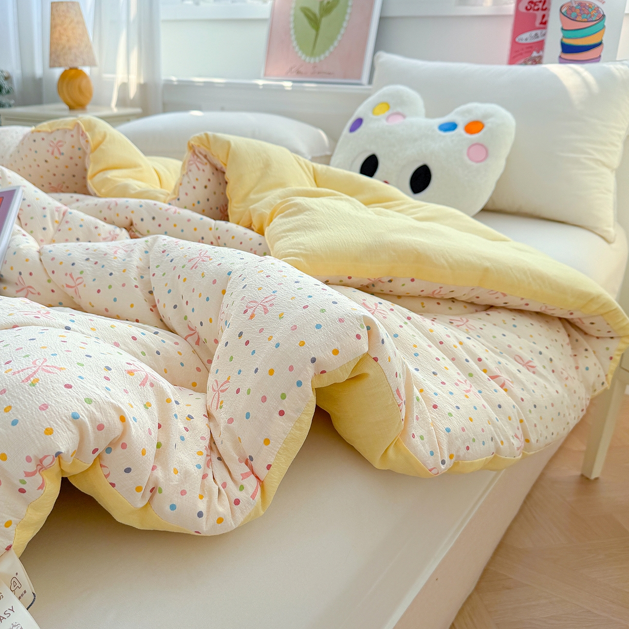 91家纺网 家纺一手货源 找家纺 桔禾家纺 2026新款云感有氧双层纱冬被抗菌被春秋被被子被芯 A类水洗双层皱皱纱冬被-波点世界