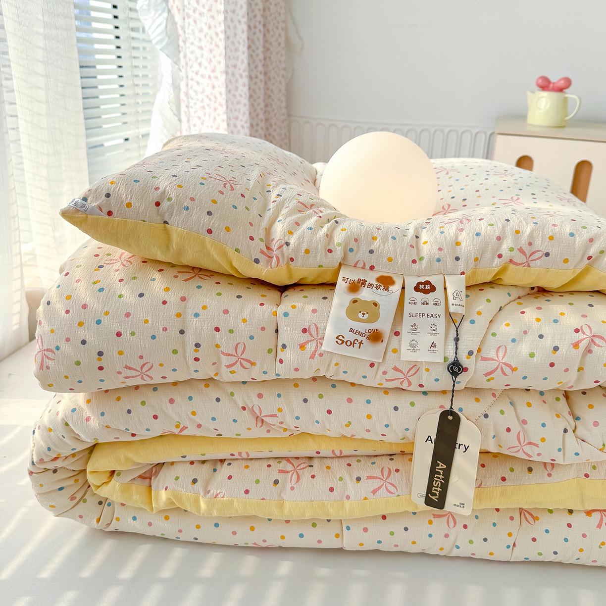 91家纺网 家纺一手货源 找家纺 桔禾家纺 2026新款云感有氧双层纱冬被抗菌被春秋被被子被芯 A类水洗双层皱皱纱冬被-波点世界