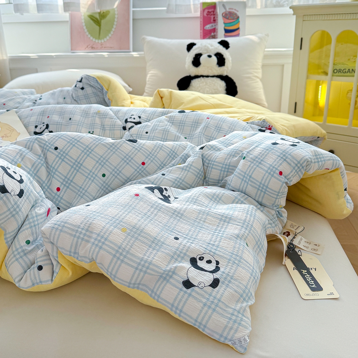 91家纺网 家纺一手货源 找家纺 桔禾家纺 2026新款云感有氧双层纱冬被抗菌被春秋被被子被芯 A类水洗双层皱皱纱冬被-呆萌熊猫