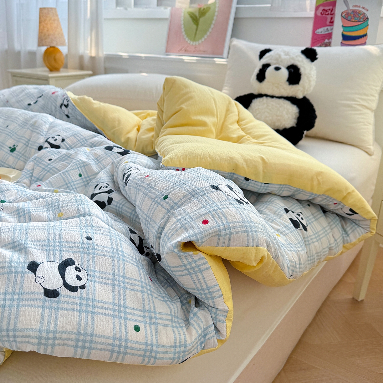 91家纺网 家纺一手货源 找家纺 桔禾家纺 2026新款云感有氧双层纱冬被抗菌被春秋被被子被芯 A类水洗双层皱皱纱冬被-呆萌熊猫