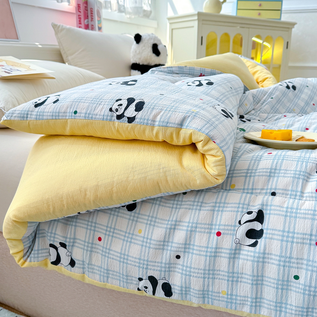 91家纺网 家纺一手货源 找家纺 桔禾家纺 2026新款云感有氧双层纱冬被抗菌被春秋被被子被芯 A类水洗双层皱皱纱冬被-呆萌熊猫