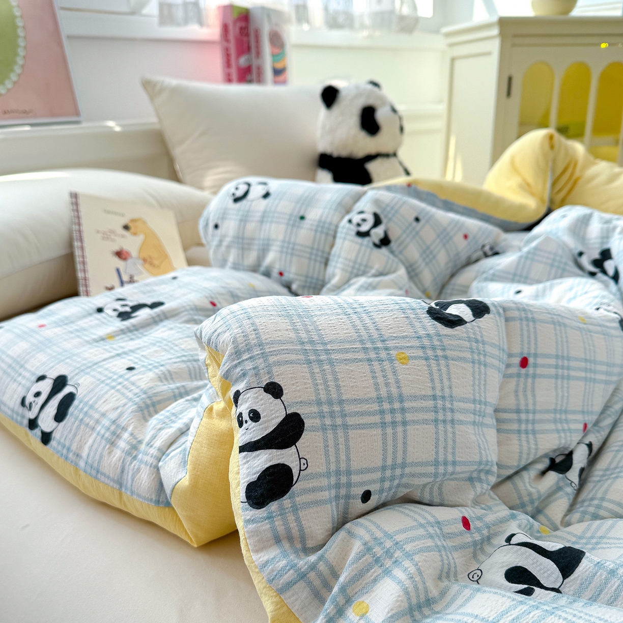 91家纺网 家纺一手货源 找家纺 桔禾家纺 2026新款云感有氧双层纱冬被抗菌被春秋被被子被芯 A类水洗双层皱皱纱冬被-呆萌熊猫