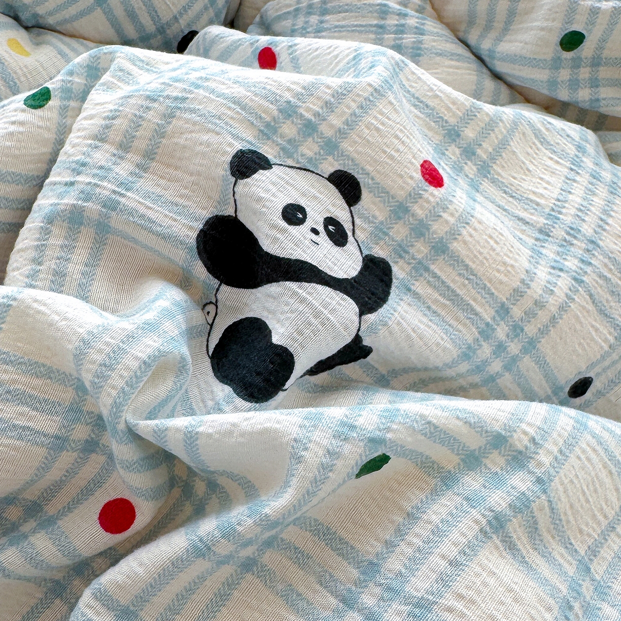 91家纺网 家纺一手货源 找家纺 桔禾家纺 2026新款云感有氧双层纱冬被抗菌被春秋被被子被芯 A类水洗双层皱皱纱冬被-呆萌熊猫