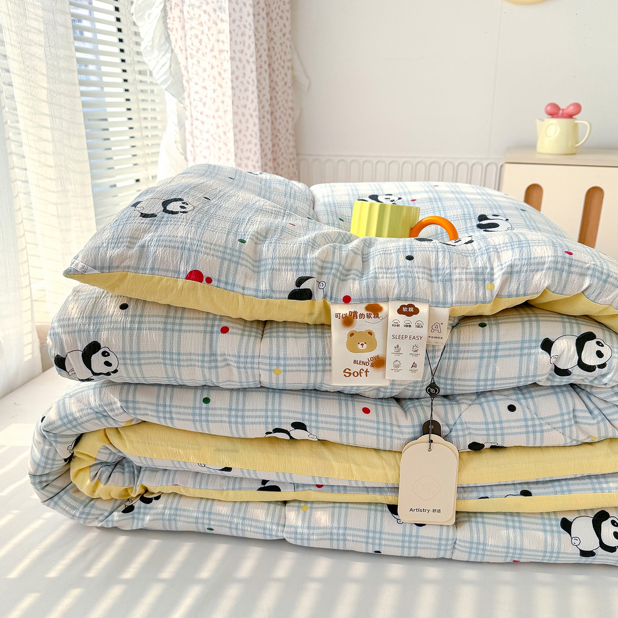 91家纺网 家纺一手货源 找家纺 桔禾家纺 2026新款云感有氧双层纱冬被抗菌被春秋被被子被芯 A类水洗双层皱皱纱冬被-呆萌熊猫