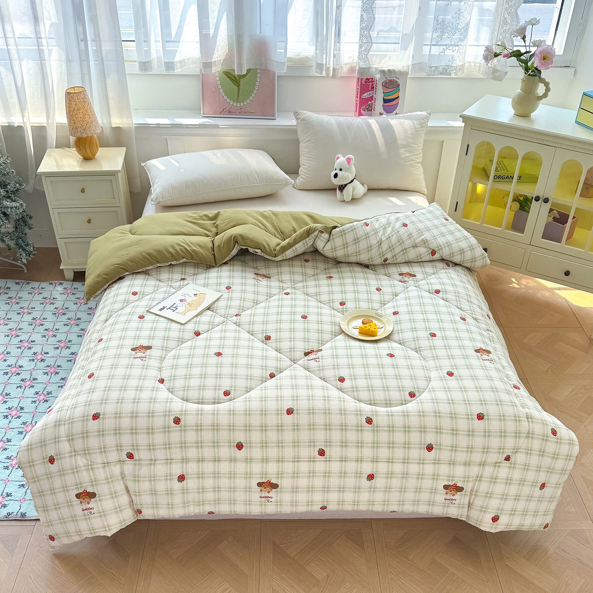 桔禾家紡 2026新款云感有氧雙層紗冬被抗菌被春秋被被子被芯 A類水洗雙層皺皺紗冬被-草莓小狗