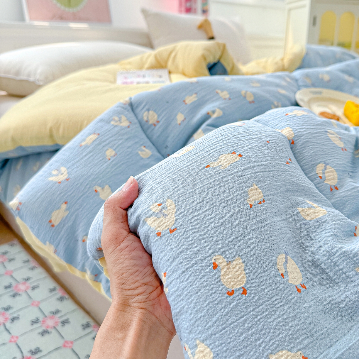 91家纺网 家纺一手货源 找家纺 桔禾家纺 2026新款云感有氧双层纱冬被抗菌被春秋被被子被芯 A类水洗双层皱皱纱冬被-鹅鹅鹅