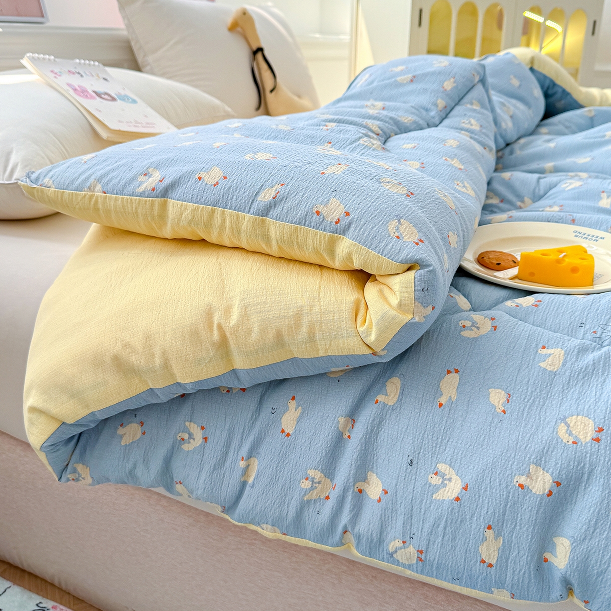 91家纺网 家纺一手货源 找家纺 桔禾家纺 2026新款云感有氧双层纱冬被抗菌被春秋被被子被芯 A类水洗双层皱皱纱冬被-鹅鹅鹅