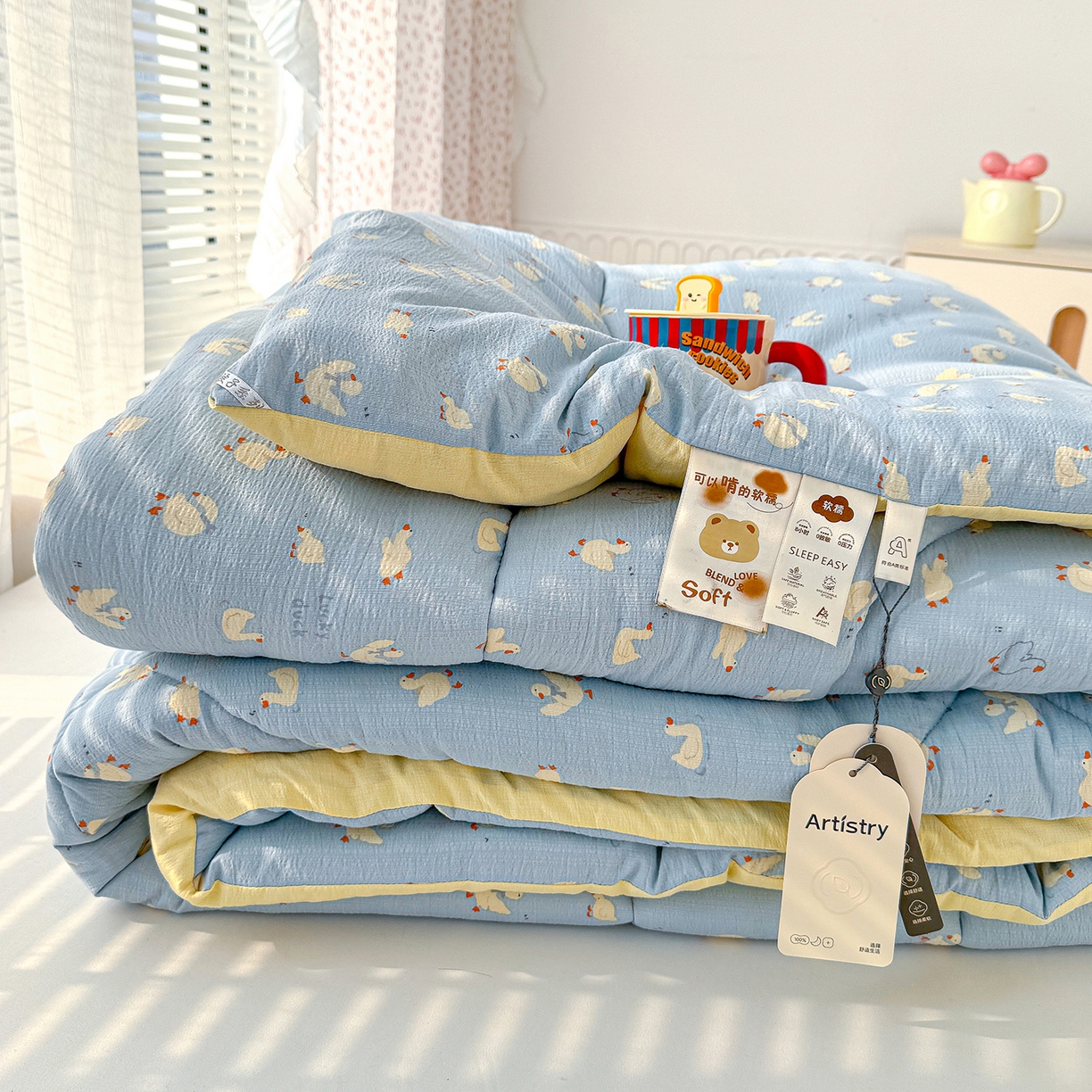 91家纺网 家纺一手货源 找家纺 桔禾家纺 2026新款云感有氧双层纱冬被抗菌被春秋被被子被芯 A类水洗双层皱皱纱冬被-鹅鹅鹅