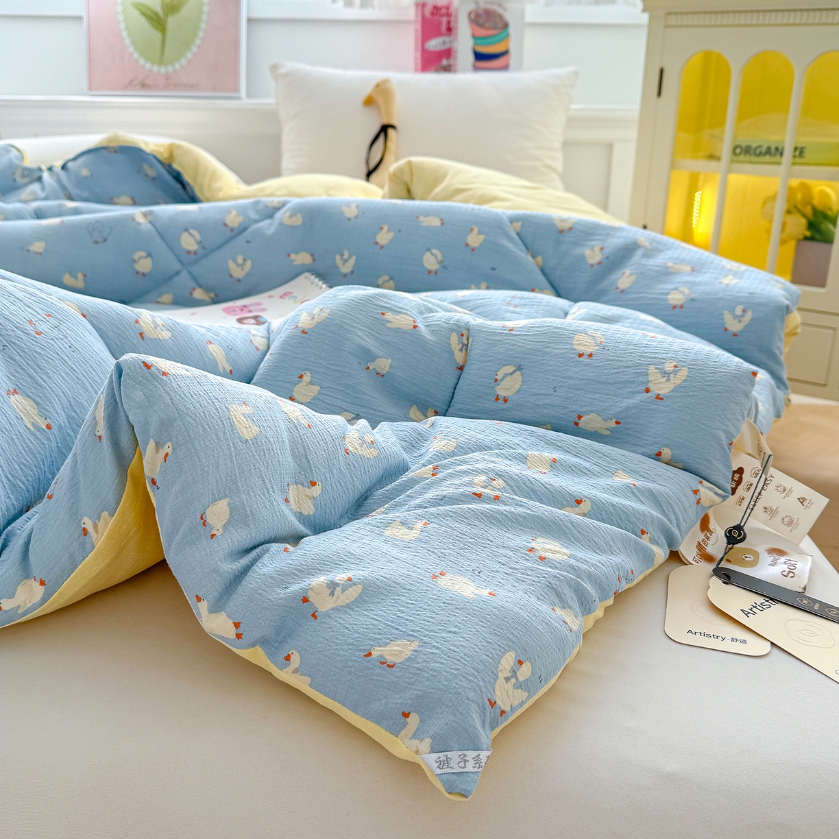 91家纺网 家纺一手货源 找家纺 桔禾家纺 2026新款云感有氧双层纱冬被抗菌被春秋被被子被芯 A类水洗双层皱皱纱冬被-鹅鹅鹅