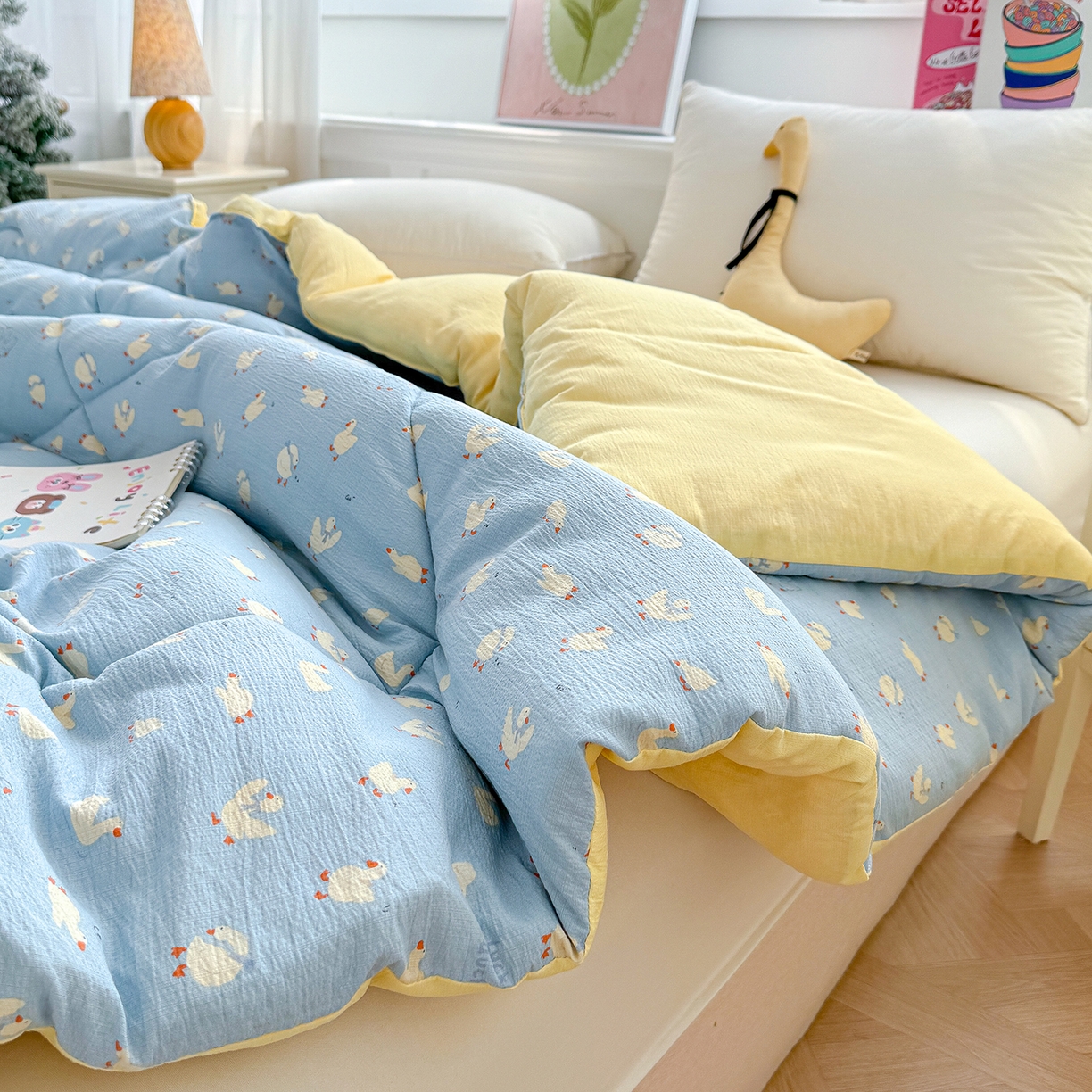 91家纺网 家纺一手货源 找家纺 桔禾家纺 2026新款云感有氧双层纱冬被抗菌被春秋被被子被芯 A类水洗双层皱皱纱冬被-鹅鹅鹅