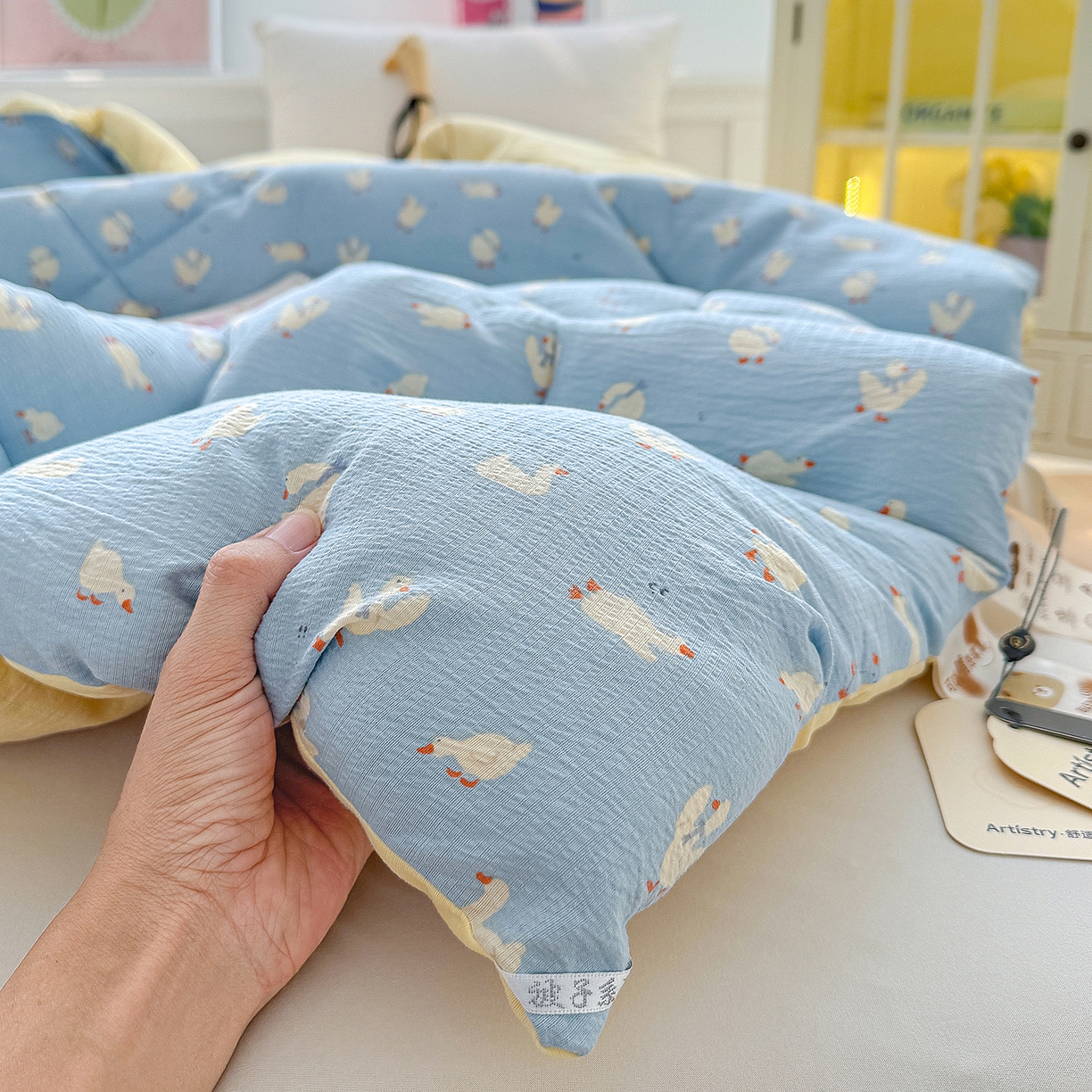 91家纺网 家纺一手货源 找家纺 桔禾家纺 2026新款云感有氧双层纱冬被抗菌被春秋被被子被芯 A类水洗双层皱皱纱冬被-鹅鹅鹅