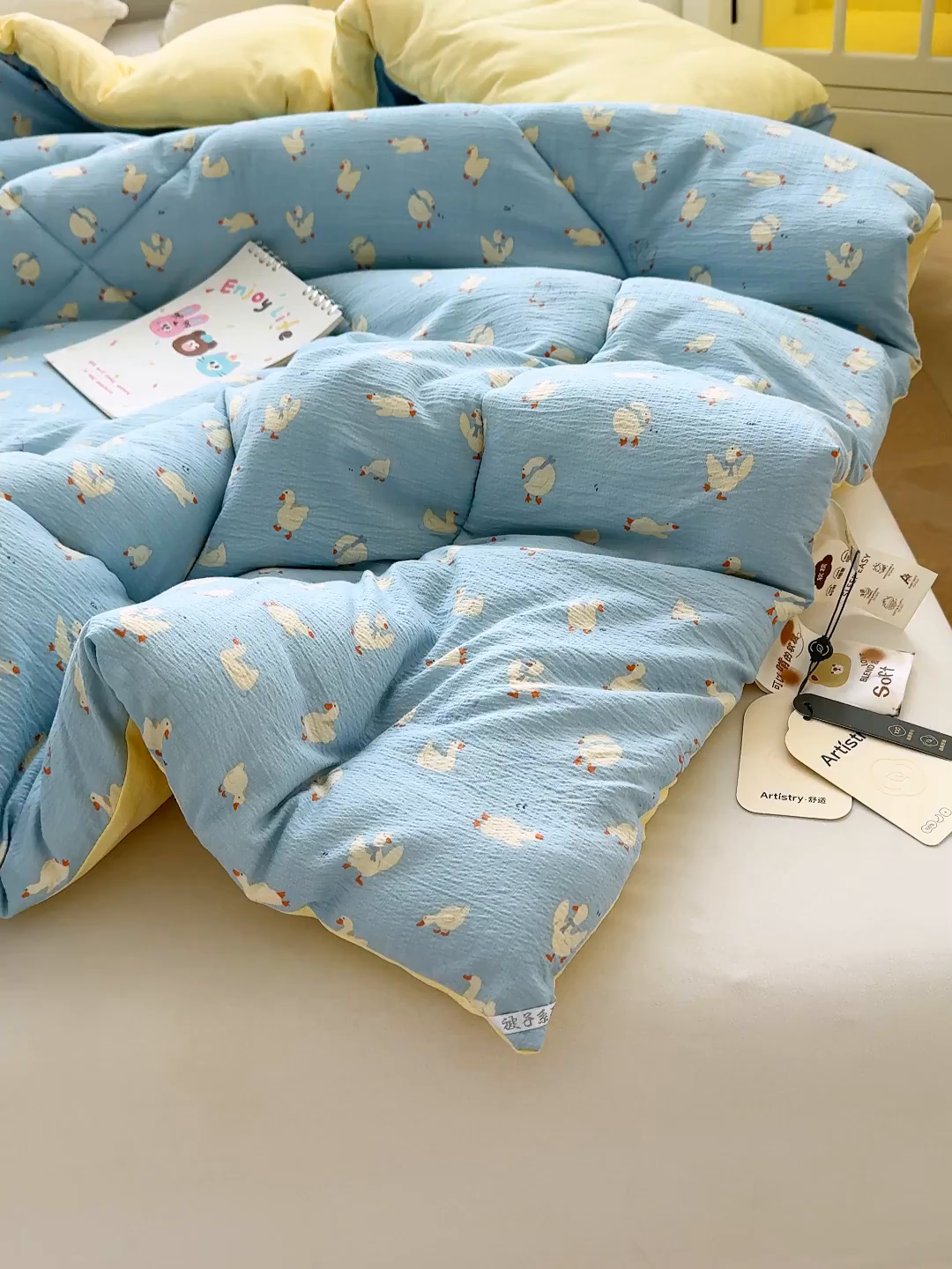 91家纺网 家纺一手货源 找家纺 桔禾家纺 2026新款云感有氧双层纱冬被抗菌被春秋被被子被芯 A类水洗双层皱皱纱冬被-鹅鹅鹅