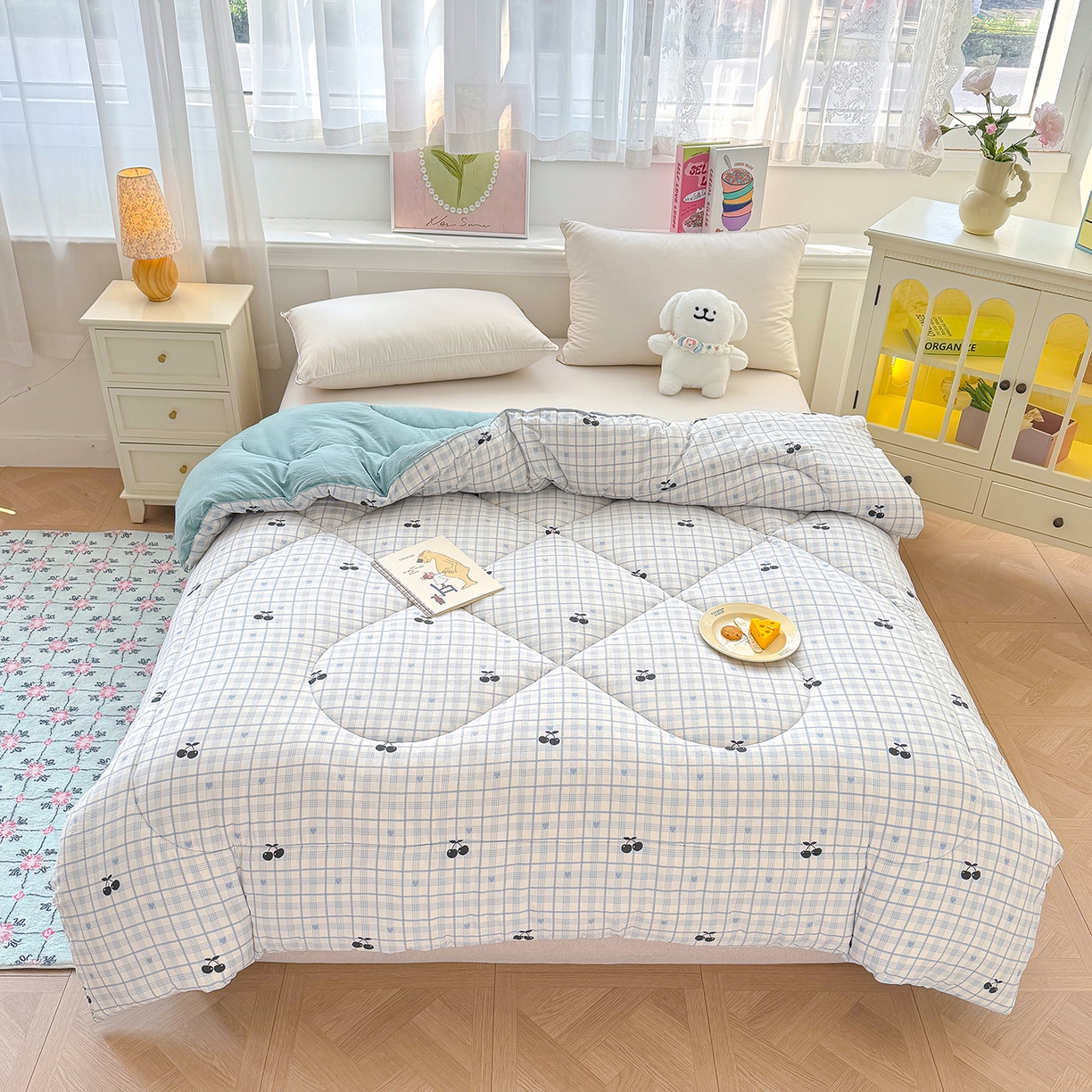 桔禾家紡 2026新款云感有氧雙層紗冬被抗菌被春秋被被子被芯 A類水洗雙層皺皺紗冬被-格子櫻桃