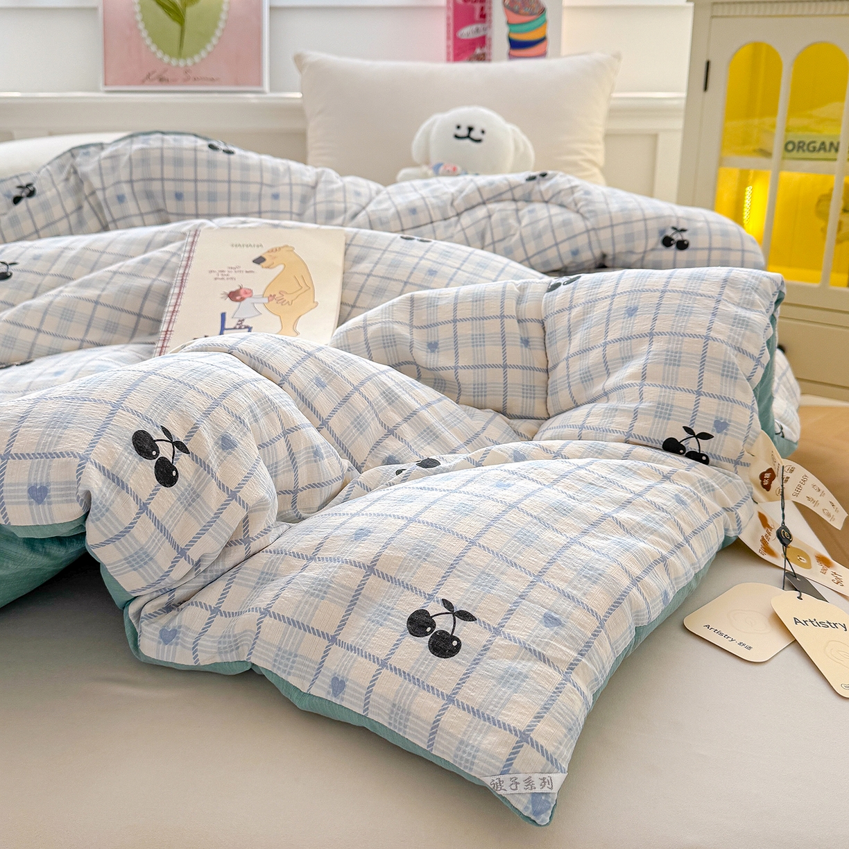 91家纺网 家纺一手货源 找家纺 桔禾家纺 2026新款云感有氧双层纱冬被抗菌被春秋被被子被芯 A类水洗双层皱皱纱冬被-格子樱桃