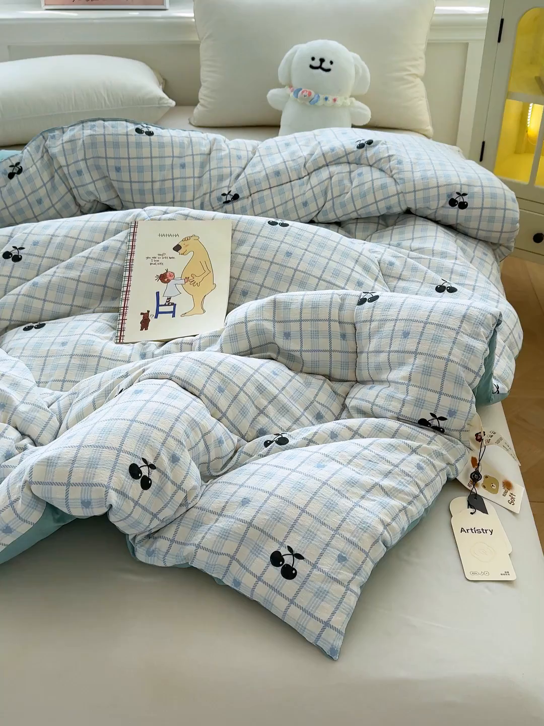 91家纺网 家纺一手货源 找家纺 桔禾家纺 2026新款云感有氧双层纱冬被抗菌被春秋被被子被芯 A类水洗双层皱皱纱冬被-格子樱桃