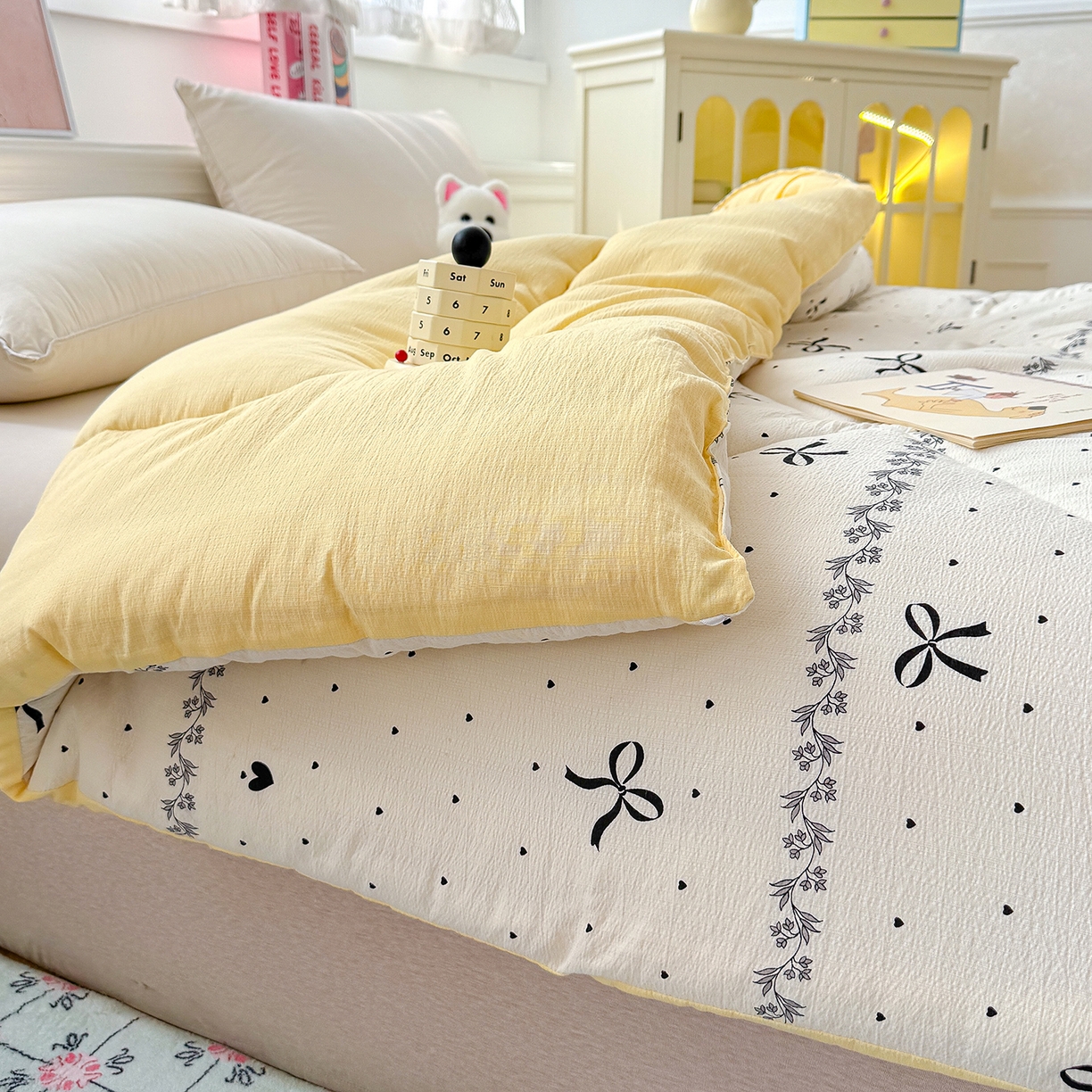 91家纺网 家纺一手货源 找家纺 桔禾家纺 2026新款云感有氧双层纱冬被抗菌被春秋被被子被芯 A类水洗双层皱皱纱冬被-蝴蝶结