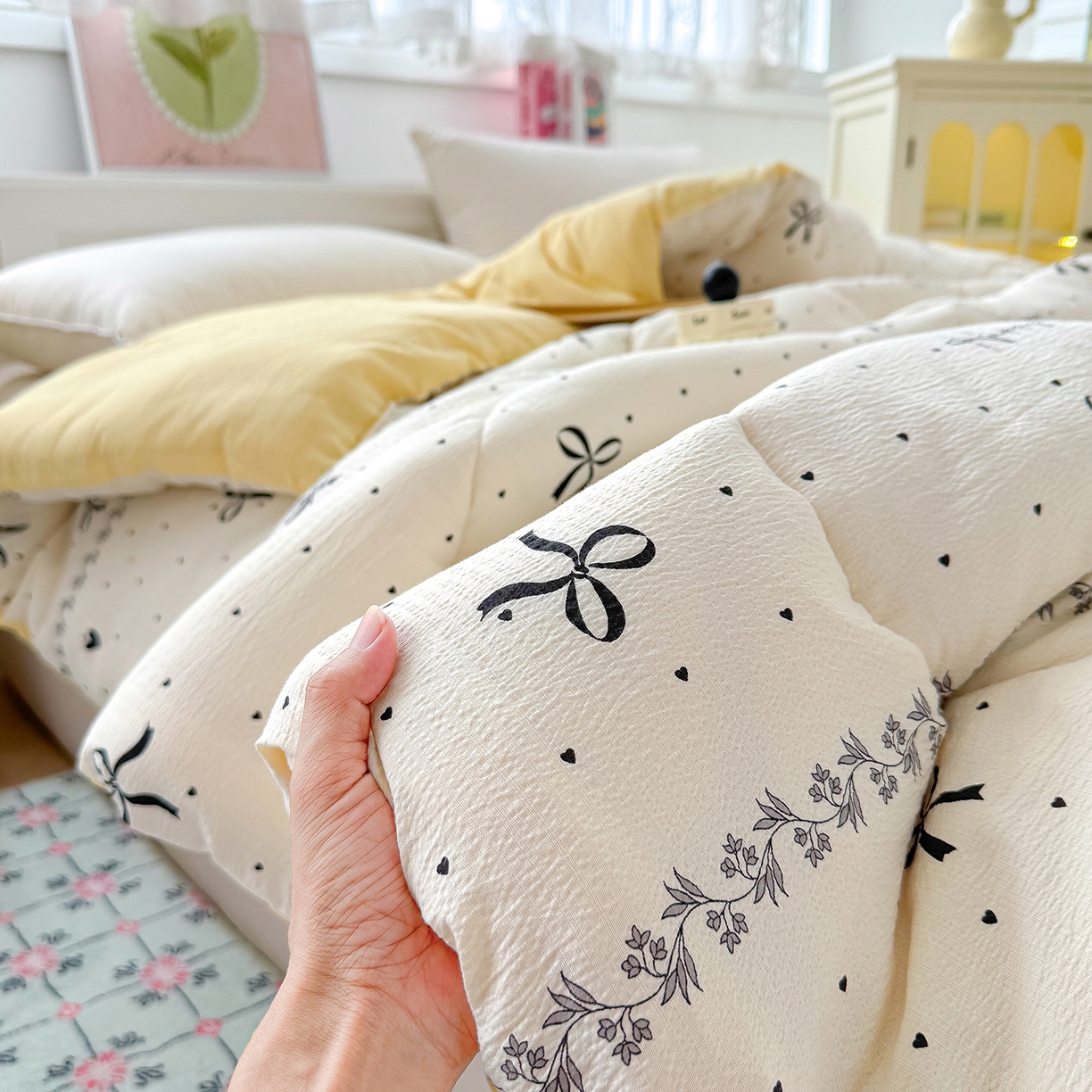 91家纺网 家纺一手货源 找家纺 桔禾家纺 2026新款云感有氧双层纱冬被抗菌被春秋被被子被芯 A类水洗双层皱皱纱冬被-蝴蝶结