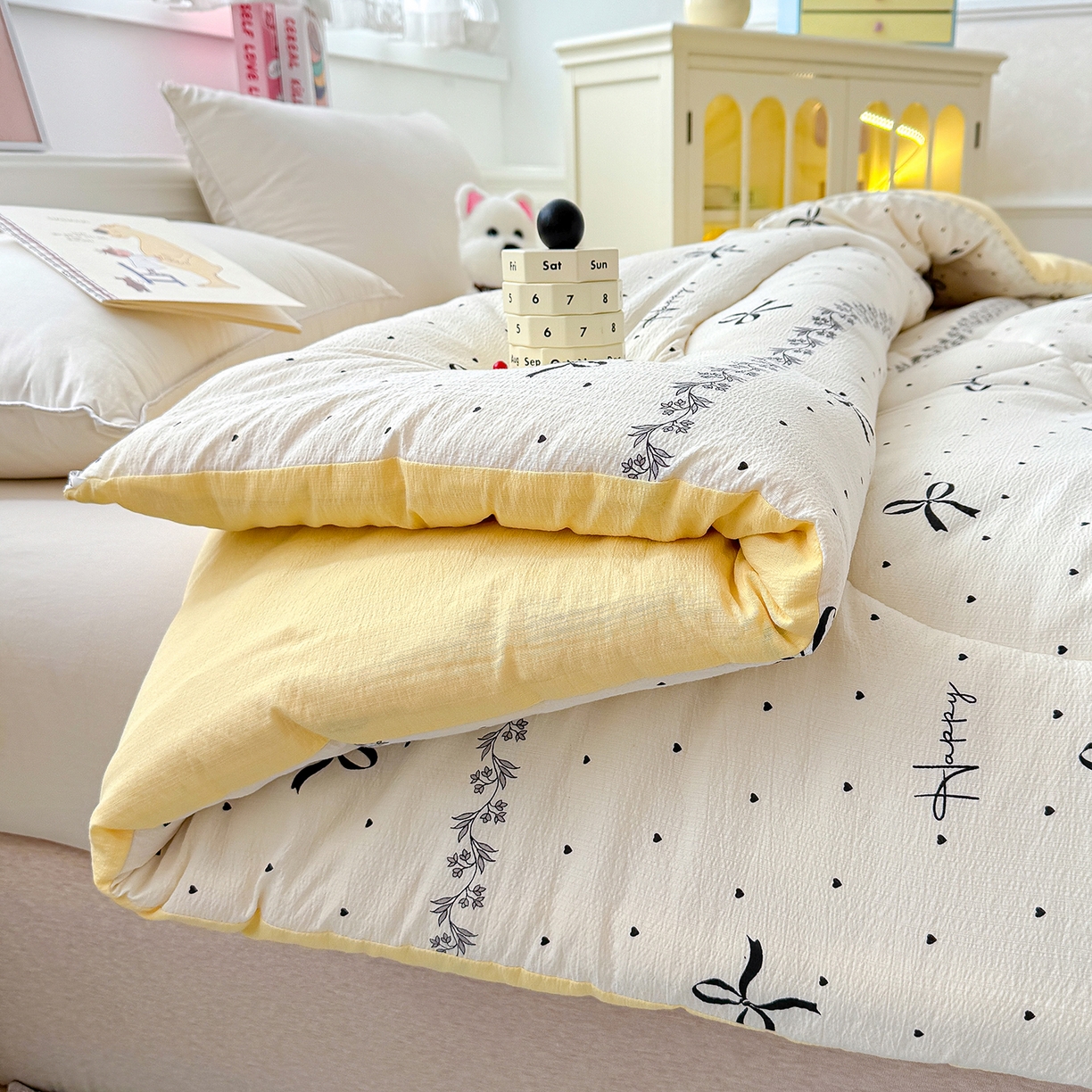 91家纺网 家纺一手货源 找家纺 桔禾家纺 2026新款云感有氧双层纱冬被抗菌被春秋被被子被芯 A类水洗双层皱皱纱冬被-蝴蝶结