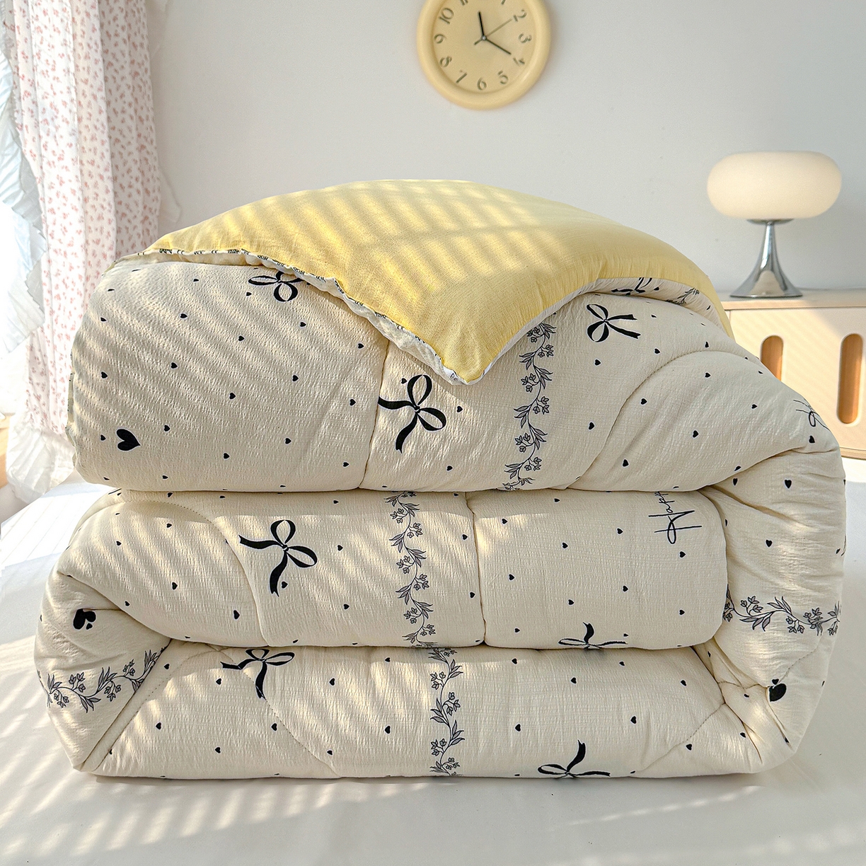 91家纺网 家纺一手货源 找家纺 桔禾家纺 2026新款云感有氧双层纱冬被抗菌被春秋被被子被芯 A类水洗双层皱皱纱冬被-蝴蝶结