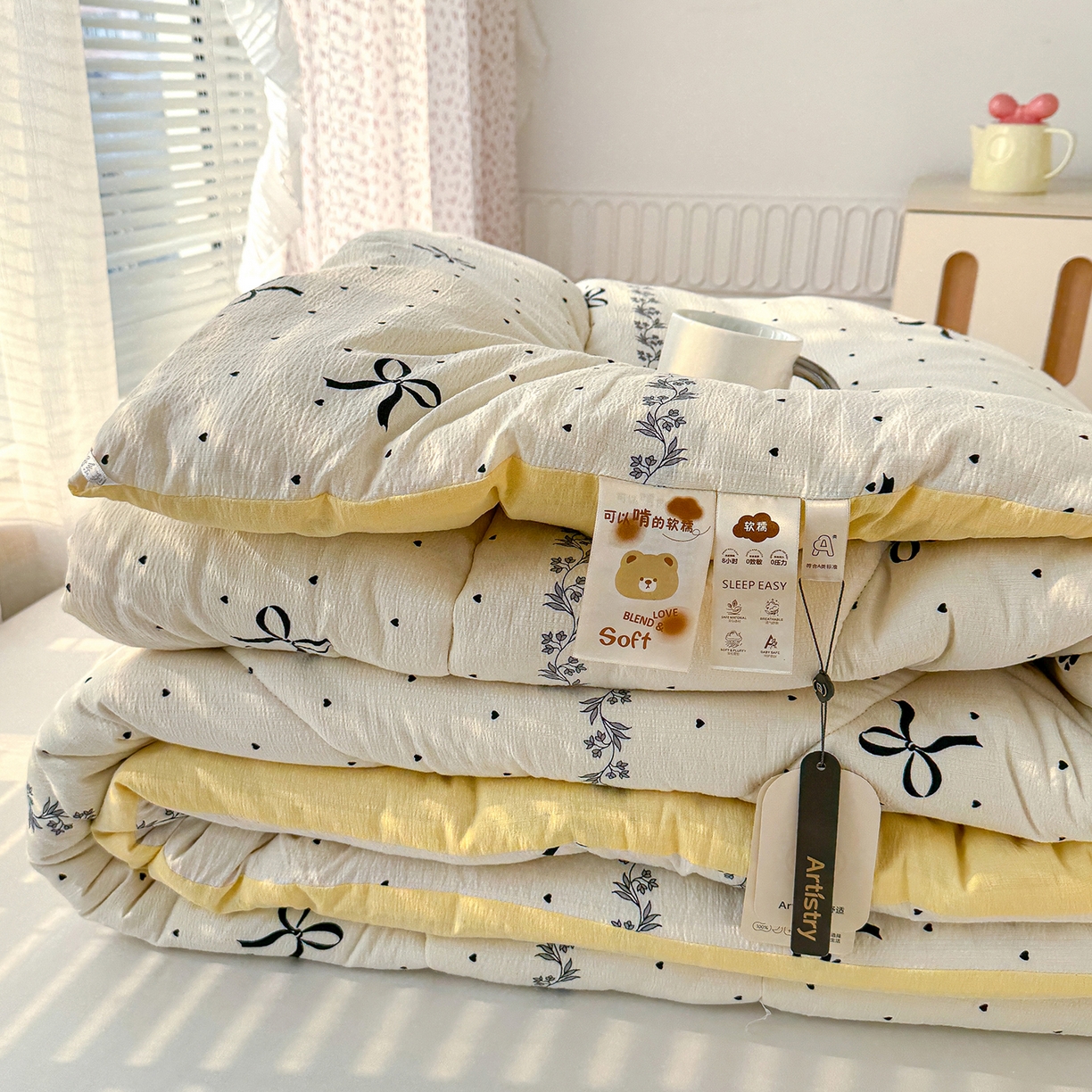 91家纺网 家纺一手货源 找家纺 桔禾家纺 2026新款云感有氧双层纱冬被抗菌被春秋被被子被芯 A类水洗双层皱皱纱冬被-蝴蝶结