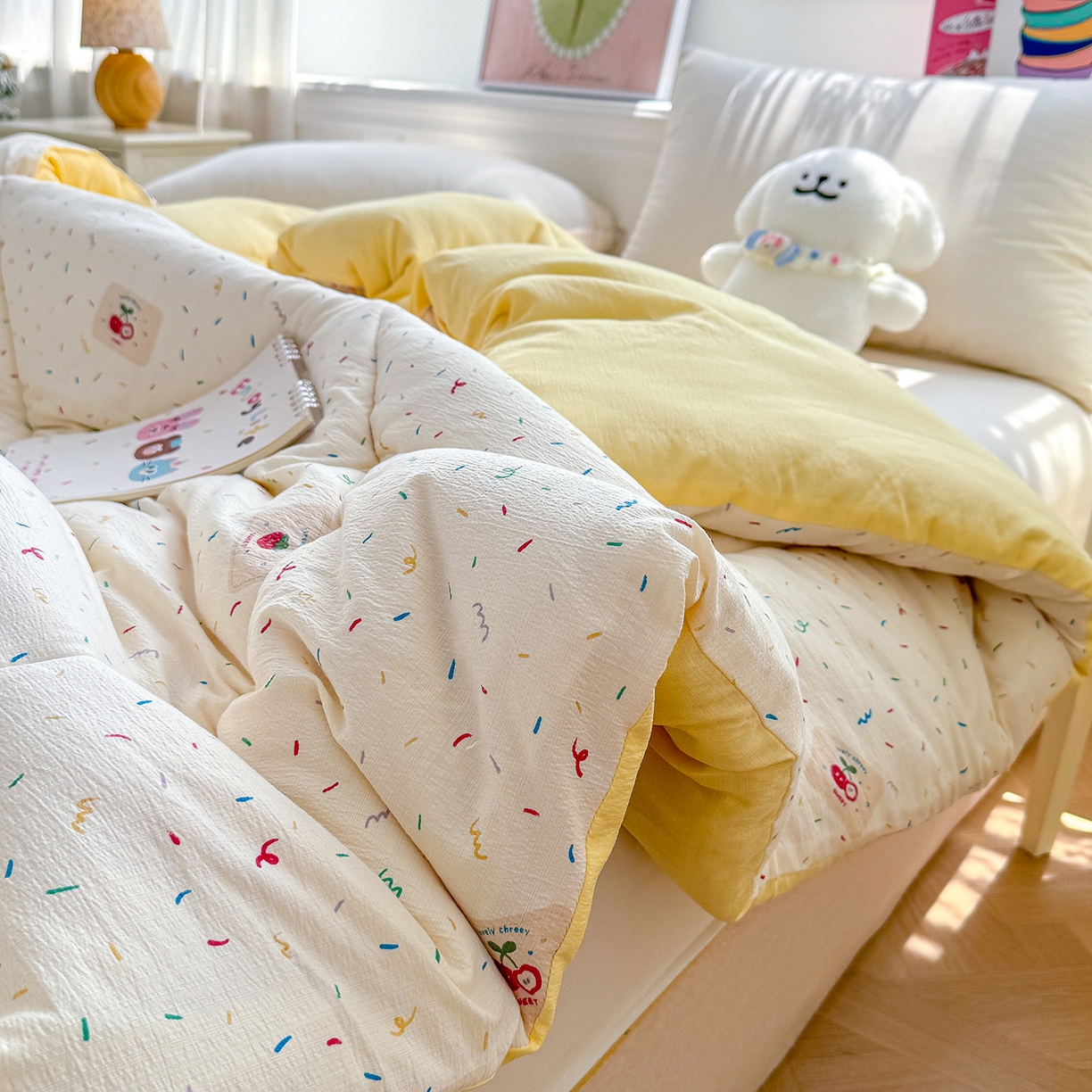 91家纺网 家纺一手货源 找家纺 桔禾家纺 2026新款云感有氧双层纱冬被抗菌被春秋被被子被芯 A类水洗双层皱皱纱冬被-庆祝