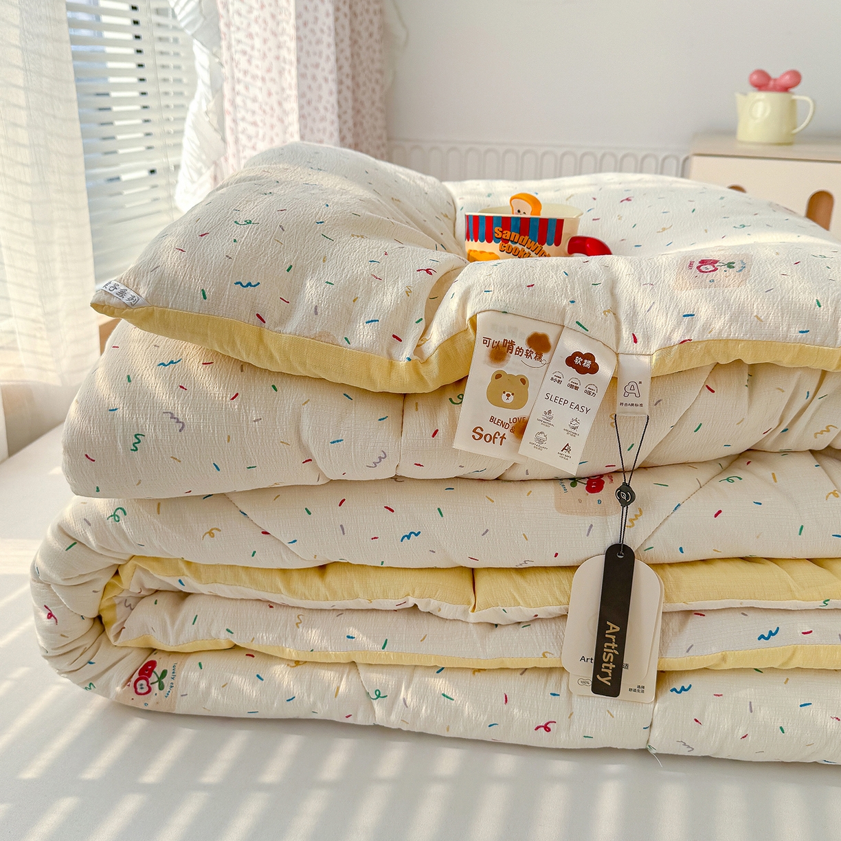 91家纺网 家纺一手货源 找家纺 桔禾家纺 2026新款云感有氧双层纱冬被抗菌被春秋被被子被芯 A类水洗双层皱皱纱冬被-庆祝