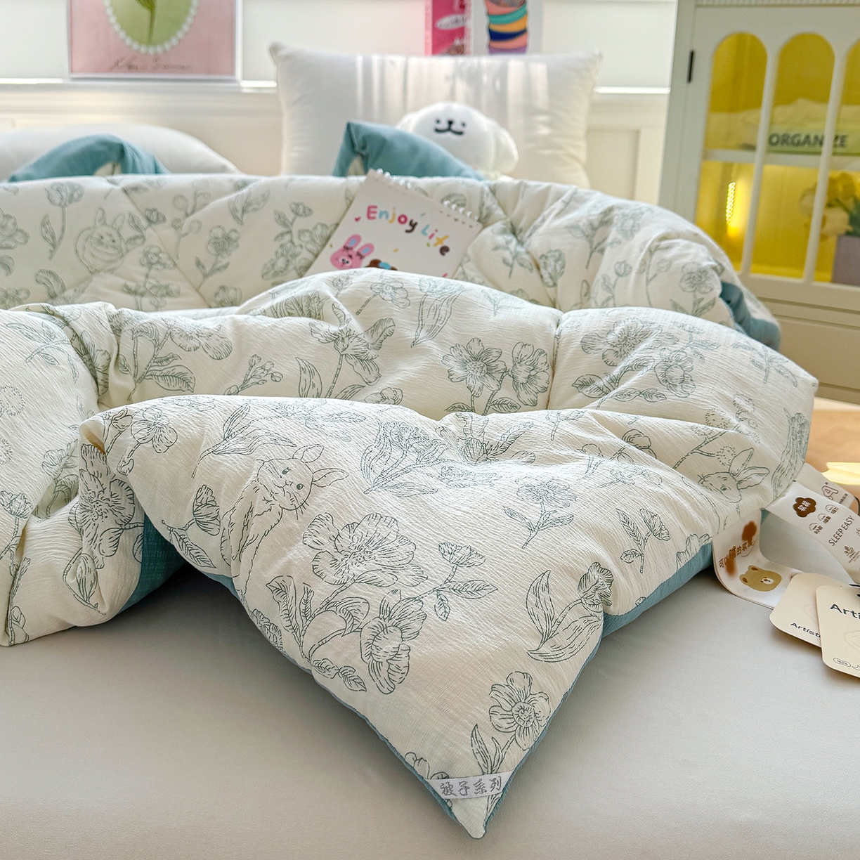 91家纺网 家纺一手货源 找家纺 桔禾家纺 2026新款云感有氧双层纱冬被抗菌被春秋被被子被芯 A类水洗双层皱皱纱冬被-兔羞日记