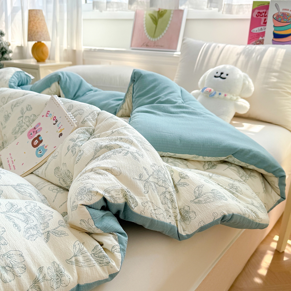 91家纺网 家纺一手货源 找家纺 桔禾家纺 2026新款云感有氧双层纱冬被抗菌被春秋被被子被芯 A类水洗双层皱皱纱冬被-兔羞日记