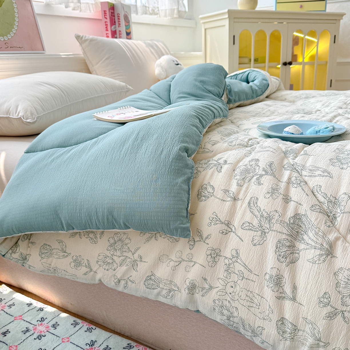 91家纺网 家纺一手货源 找家纺 桔禾家纺 2026新款云感有氧双层纱冬被抗菌被春秋被被子被芯 A类水洗双层皱皱纱冬被-兔羞日记