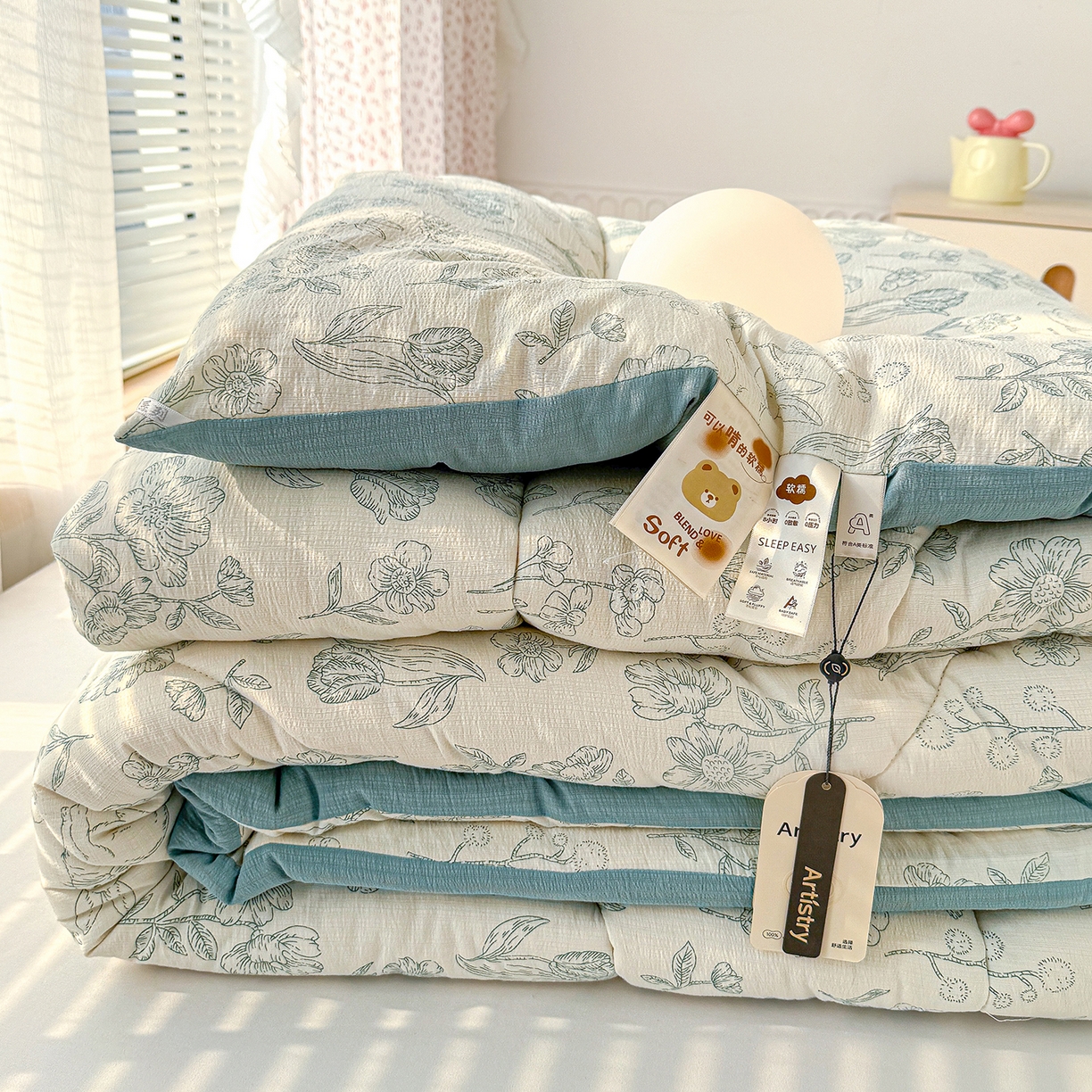 91家纺网 家纺一手货源 找家纺 桔禾家纺 2026新款云感有氧双层纱冬被抗菌被春秋被被子被芯 A类水洗双层皱皱纱冬被-兔羞日记